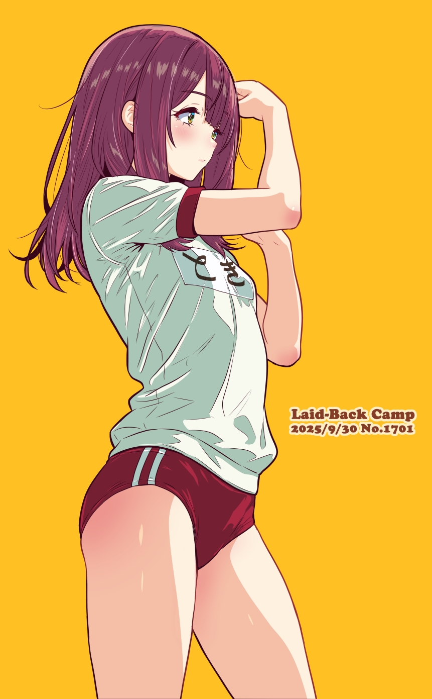 jagi (jagi souken), toki ayano, yurucamp, highres, 1girl, brown hair, buruma, copyright name, cowboy shot, dated, gym shirt, gym uniform, long hair, name tag, orange background, red buruma, shirt, simple background, solo, stretching, t-shirt, white shirt, yellow eyes