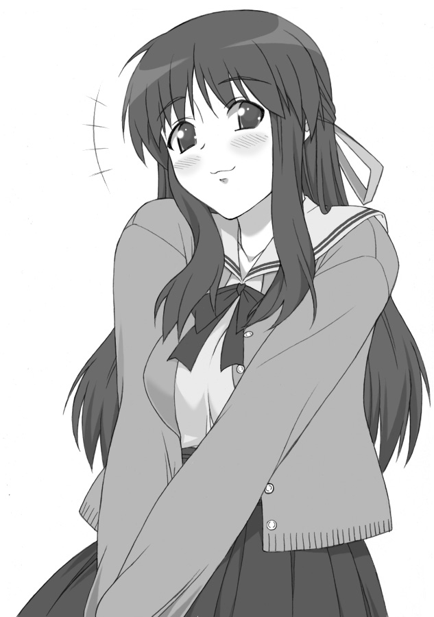 shichimenchou, nagamori mizuka, one – kagayaku kisetsu e, 00s, 1girl, blush, breasts, female focus, greyscale, hair ribbon, long hair, medium breasts, monochrome, ribbon, school uniform, serafuku, solo