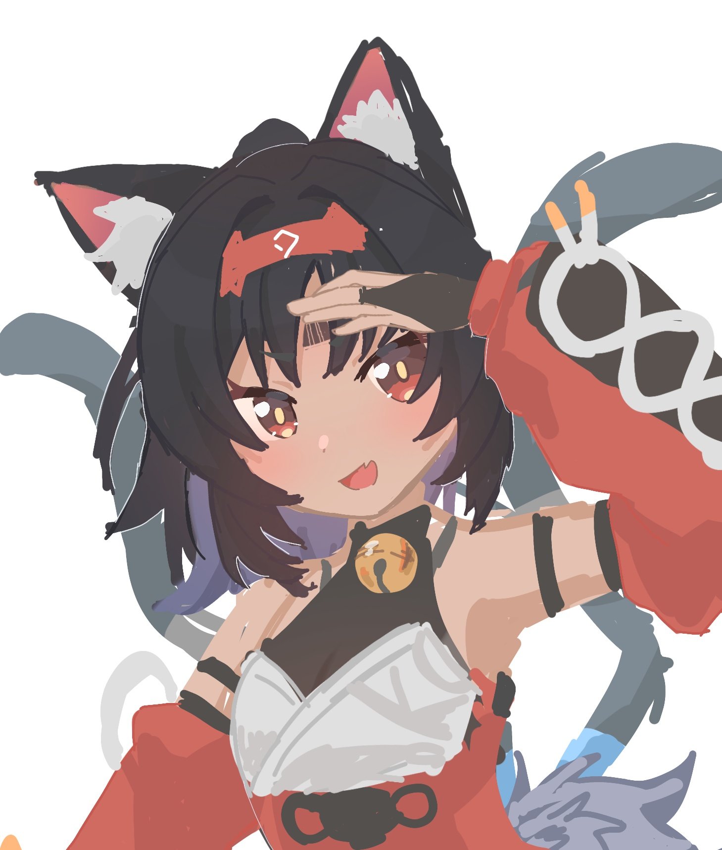 nekomiya mana, zenless zone zero, highres, 1girl, animal ear fluff, animal ears, black hair, breasts, cable, cable tail, cat ears, cat girl, cat tail, dark-skinned female, dark skin, hand up, long hair, looking at viewer, mechanical tail, multiple tails, open mouth, red eyes, simple background, solo, tail, thighhighs, two tails, white background