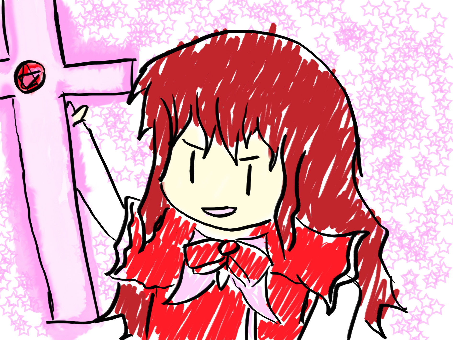 yumemi, okazaki yumemi, phantasmagoria of dim.dream, touhou, touhou (pc-98), highres, 1girl, bow, bowtie, cross, female focus, hexagram, okazaki, poorly drawn, red hair, ribbon, solo, star (symbol), star of david