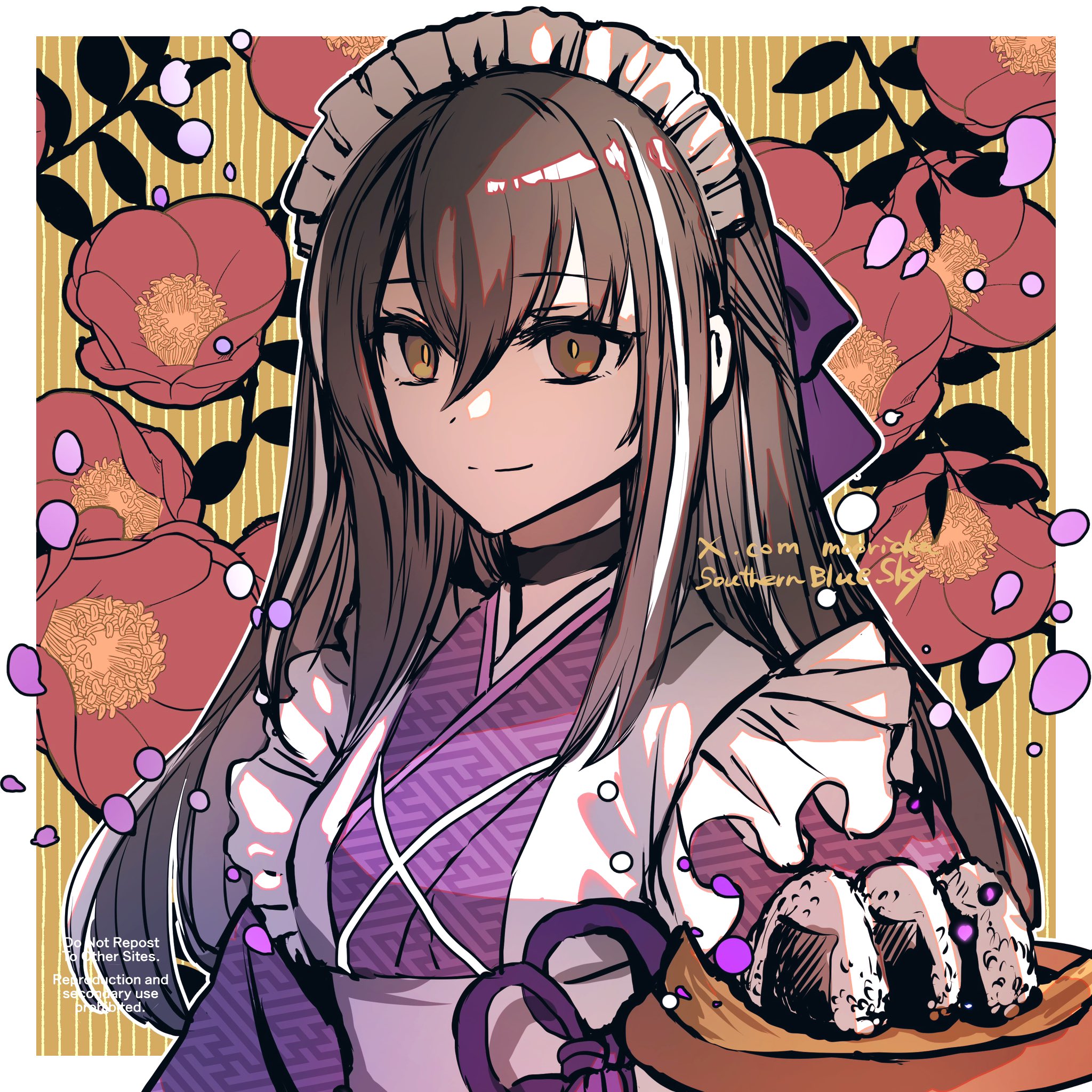 rioka (southern blue sky), kawakami gensai (fate), fate/grand order, fate (series), highres, revision, 1girl, apron, black eyes, black hair, food, kawakami gensai (second ascension) (fate), long hair, looking at viewer, maid, maid apron, maid headdress, multicolored hair, onigiri, signature, smile, solo, white hair