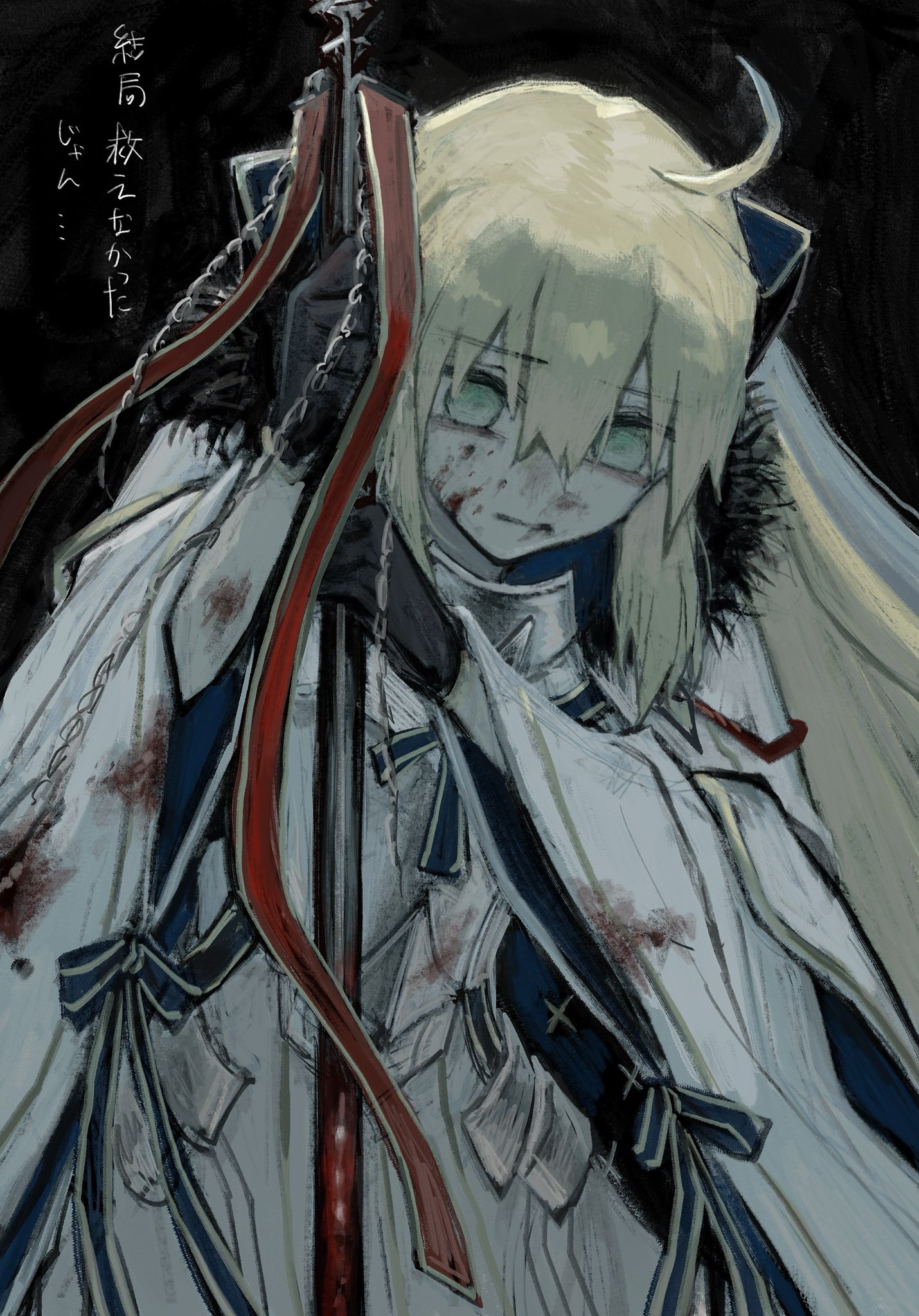 makai (67makai), artoria caster (fate), artoria caster (third ascension) (fate), artoria pendragon (fate), fate/grand order, fate (series), highres, translation request, 1girl, ahoge, armor, black background, black gloves, blonde hair, blood, blood on clothes, blood on face, blood splatter, breastplate, cape, cowboy shot, despair, dress, empty eyes, fur-trimmed cape, fur trim, gloves, green eyes, holding, holding staff, hunched over, leaning on weapon, long hair, looking down, simple background, solo, staff, standing, white cape, white dress