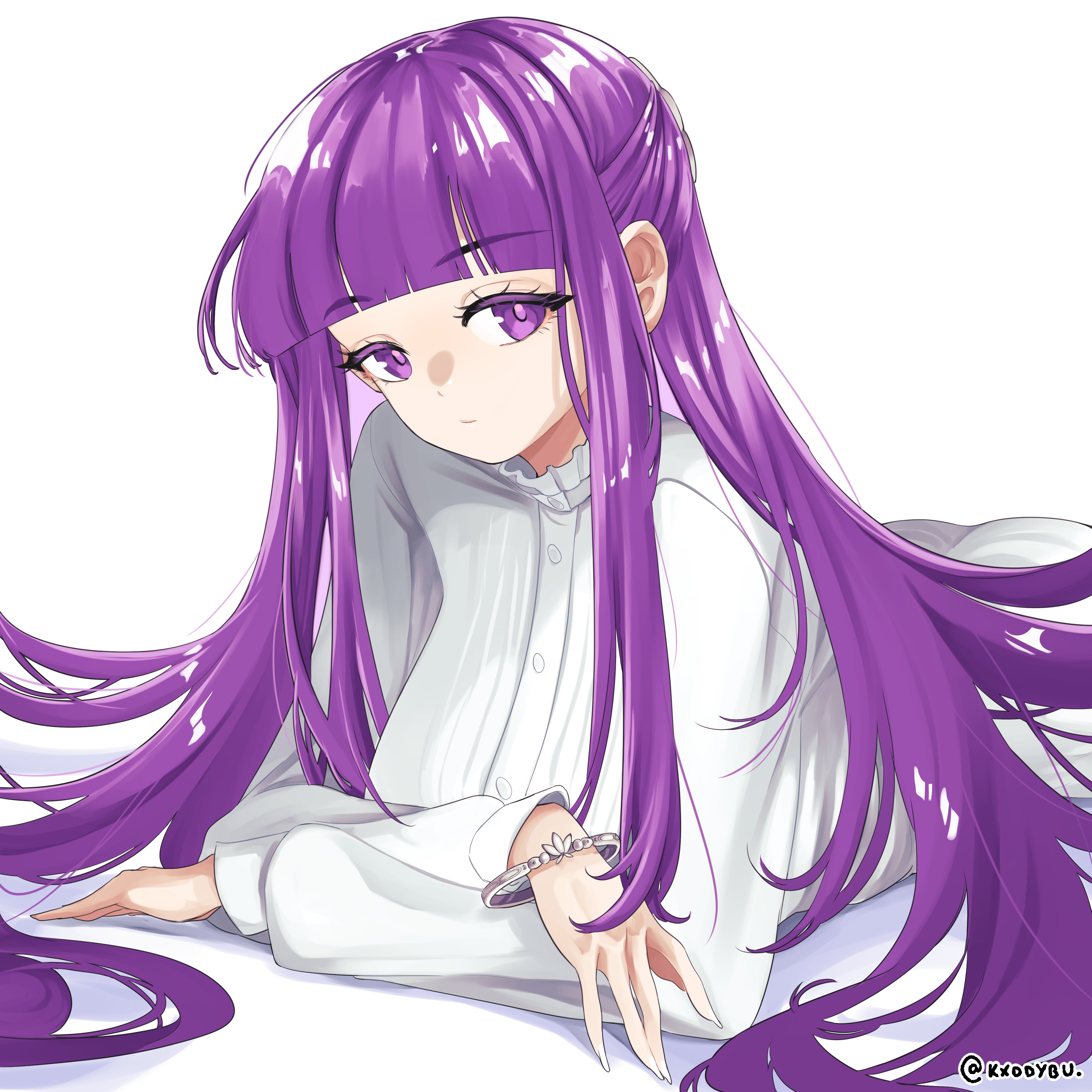 kxddybu, fern (sousou no frieren), sousou no frieren, absurdres, commentary, highres, 1girl, artist name, blunt bangs, bracelet, closed mouth, dress, expressionless, jewelry, long hair, long sleeves, looking at viewer, lying, on stomach, purple eyes, purple hair, simple background, solo, white background, white dress