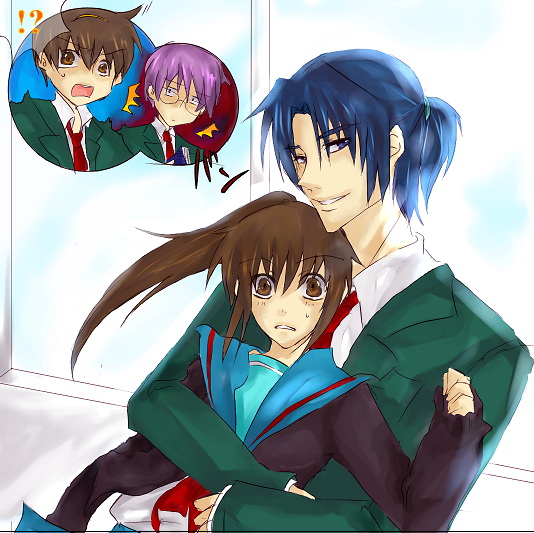 warakusa, asakura ryo, asakura ryoko, kyon, kyonko, nagato yuki, nagato yuuki, suzumiya haruhi, suzumiya haruhiko, suzumiya haruhi no yuuutsu, suzumiya haruhiko no yuuutsu, bad id, bad pixiv id, 00s, 1girl, 3boys, blue hair, brown hair, genderswap, genderswap (ftm), genderswap (mtf), multiple boys, ponytail, school uniform, serafuku