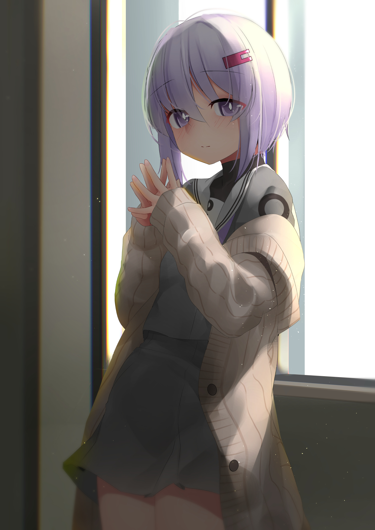 ne an ito, yuzuki yukari, yuzuki yukari (shizuku), a.i. voice, voiceroid, commentary request, highres, 1girl, black shirt, brown cardigan, cardigan, closed mouth, cowboy shot, grey serafuku, grey shirt, grey skirt, hands up, indoors, long sleeves, looking at viewer, open cardigan, open clothes, overexposure, own hands together, purple eyes, purple hair, ribbed cardigan, school uniform, serafuku, shirt, short hair, sidelighting, skirt, solo, standing, steepled fingers, undershirt, window