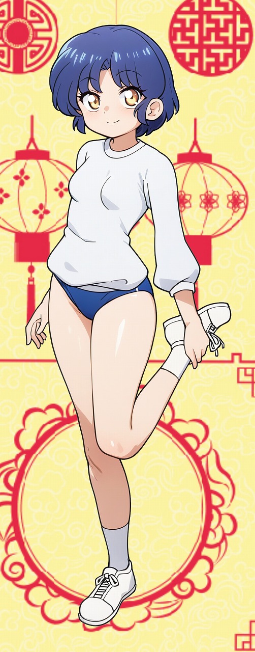 odochi (1or8), tendou akane, ranma 1/2, commentary request, highres, 1girl, blue buruma, blue hair, buruma, full body, gym shirt, gym uniform, lantern, looking at viewer, shirt, short hair, smile, solo, standing, standing on one leg, t-shirt, white shirt, yellow eyes