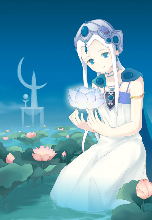 moai (aoh), tina (fantastic children), fantastic children, 00s, armlet, blue eyes, flower, jewelry, lily pad, long hair, lotus, solo, water, white hair