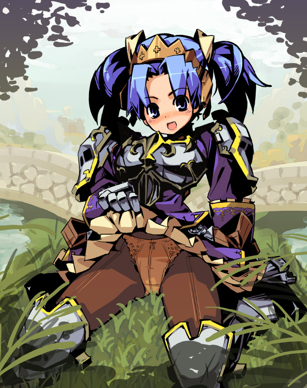 super zombie, suupaa zonbi, fantasy earth zero, 1girl, armor, blue eyes, blue hair, clothes lift, female focus, matching hair/eyes, panties, panties under pantyhose, pantyhose, sitting, skirt, skirt lift, solo, twintails, underwear
