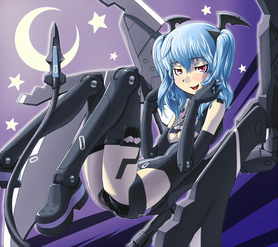 valona, busou shinki, 10s, 1girl, blue hair, breasts, cable, cable tail, demon girl, doll joints, female focus, joints, mecha musume, mechanical tail, moon, red eyes, small breasts, solo, star (symbol), tail, thighhighs, twintails, underboob, varona