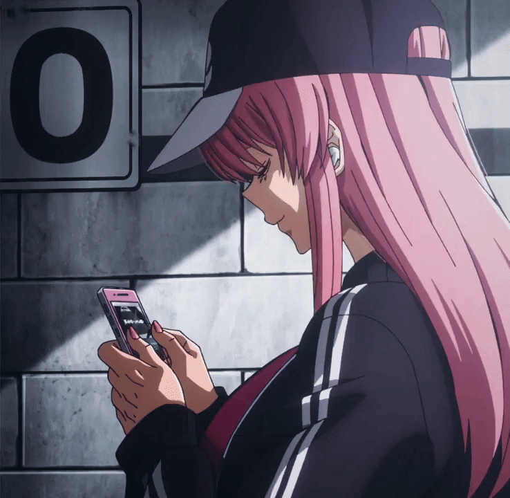 byobugaura homare, tougen anki, animated, animated gif, tagme, 1girl, 2025, 20s, baseball cap, breasts, cellphone, closed eyes, earbuds, earphones, hat, iphone, large breasts, long hair, nail polish, phone, pink hair, pink sports bra, smartphone, smile, sports bra, subway, subway station