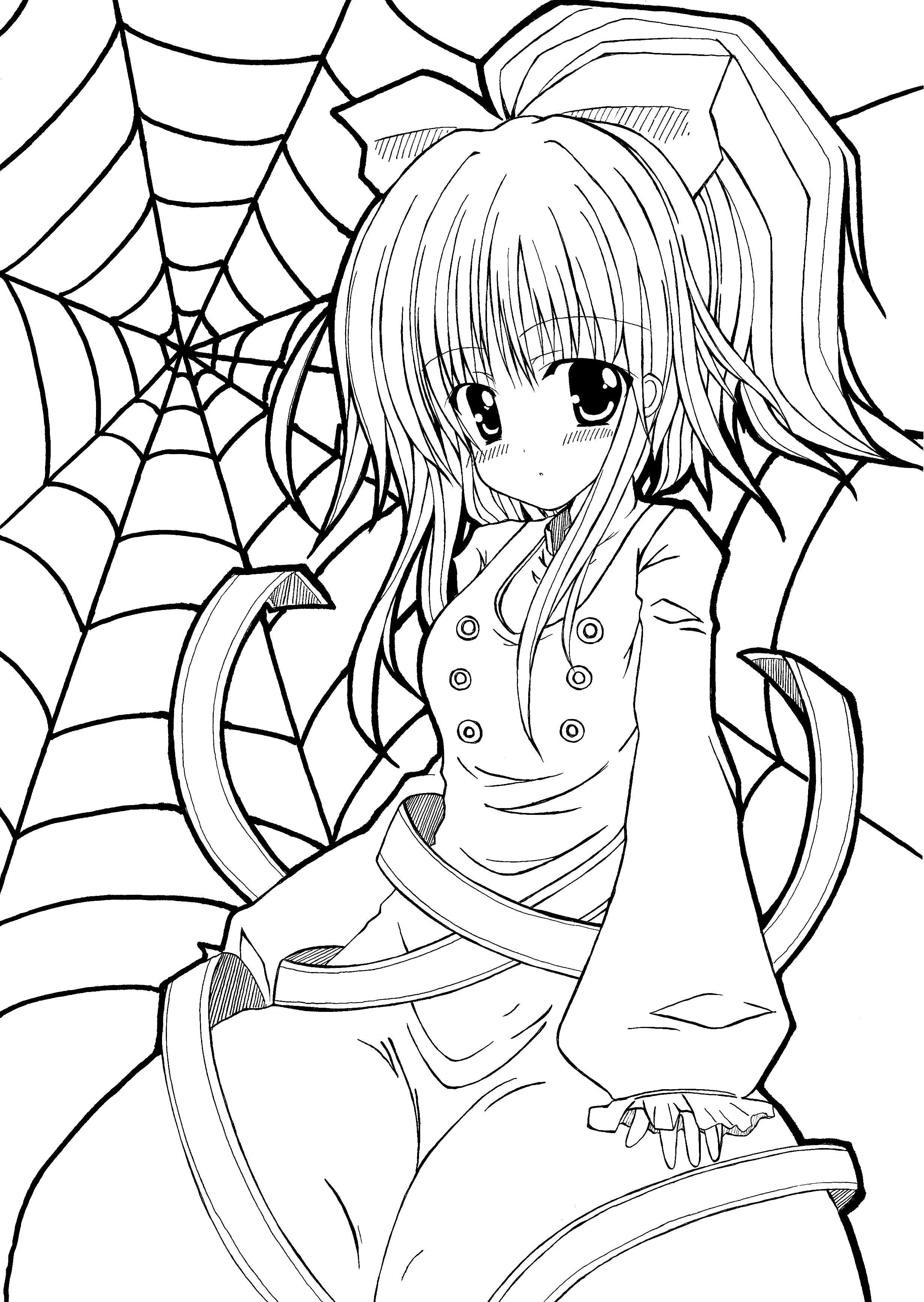 gossun, kurodani yamame, touhou, absurdres, bad id, bad pixiv id, highres, 1girl, bow, female focus, greyscale, hair bow, hair ribbon, monochrome, ribbon, silk, solo, spider web