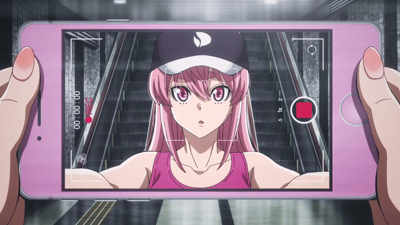 byobugaura homare, tougen anki, animated, animated gif, tagme, 1girl, 2025, 20s, bare shoulders, baseball cap, breasts, cellphone, cleavage, escalator, hat, iphone, large breasts, long hair, nail polish, phone, pink eyes, pink hair, pink sports bra, smartphone, smile, sports bra, subway, subway station