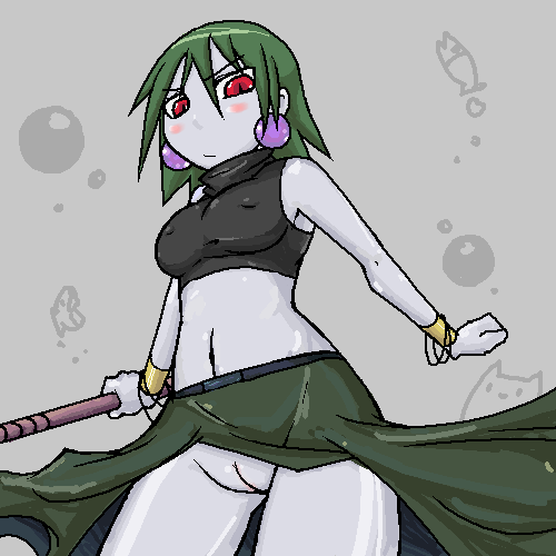 misery (cave story), doukutsu monogatari, artist request, lowres, 1girl, blush, breasts, colored skin, covered erect nipples, earrings, female focus, green hair, grey skin, jewelry, no panties, oekaki, pussy, red eyes, short hair, slit pupils, solo, staff, uncensored, wristband