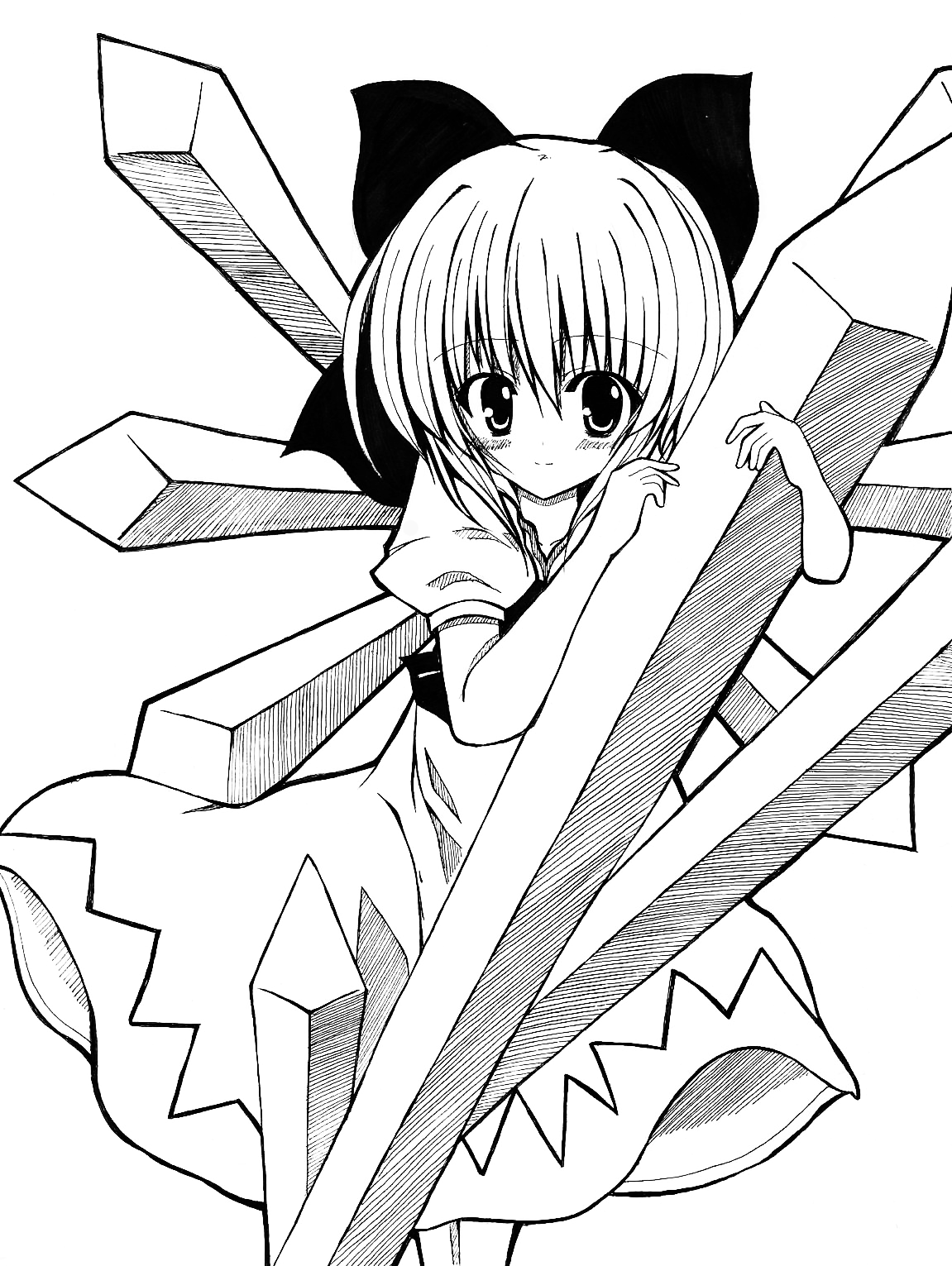 gossun, cirno, embodiment of scarlet devil, touhou, bad id, bad pixiv id, highres, 1girl, bow, dress, female focus, greyscale, hair bow, hair ribbon, ice, monochrome, ribbon, simple background, solo, wings