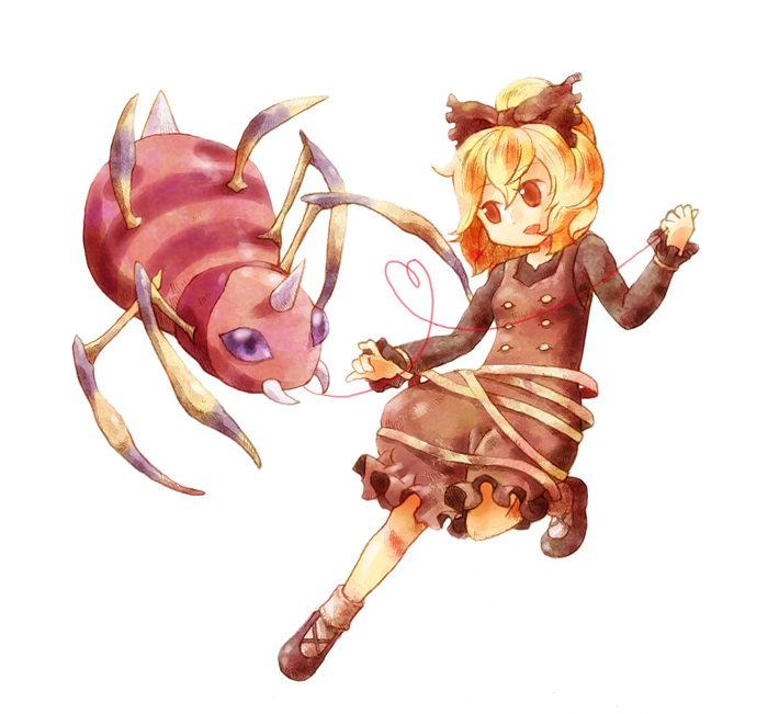 amamidori, ame (pixiv), ariados, kurodani yamame, nintendo, pokemon, touhou, bad id, bad pixiv id, 1girl, blonde hair, bow, brown eyes, crossover, gen 2 pokemon, hair bow, pokemon (creature), short hair, simple background, string, string of fate