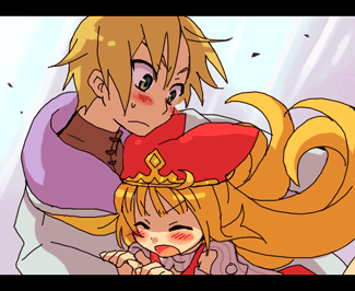 tsuyuka (sunny spot), cello (marl kingdom), princess kururu, little princess, marl kingdom, nippon ichi, lowres, 1boy, 1girl, animal hat, blush, closed eyes, coat, couple, crown, embarrassed, flipped hair, frown, green eyes, hair between eyes, hat, hetero, holding, hug, letterboxed, long hair, open mouth, short hair, sidelocks, surprised, sweatdrop, turtleneck, twintails, upper body, very long hair, wince