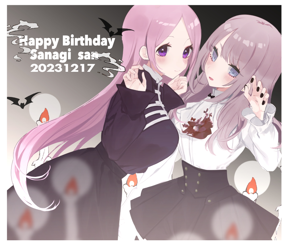 eurasia (wtp09ptw14), original, commentary request, 2girls, bat (animal), black nails, black shirt, black skirt, blood, blood on clothes, blue eyes, blush, border, breasts, candle, closed mouth, cowboy shot, dated, fingernails, grey background, grey hair, hands up, happy birthday, large breasts, long hair, long sleeves, looking at viewer, multiple girls, nail polish, open mouth, parted bangs, pink hair, purple hair, shirt, shirt tucked in, skirt, smile, swept bangs, white border, white shirt