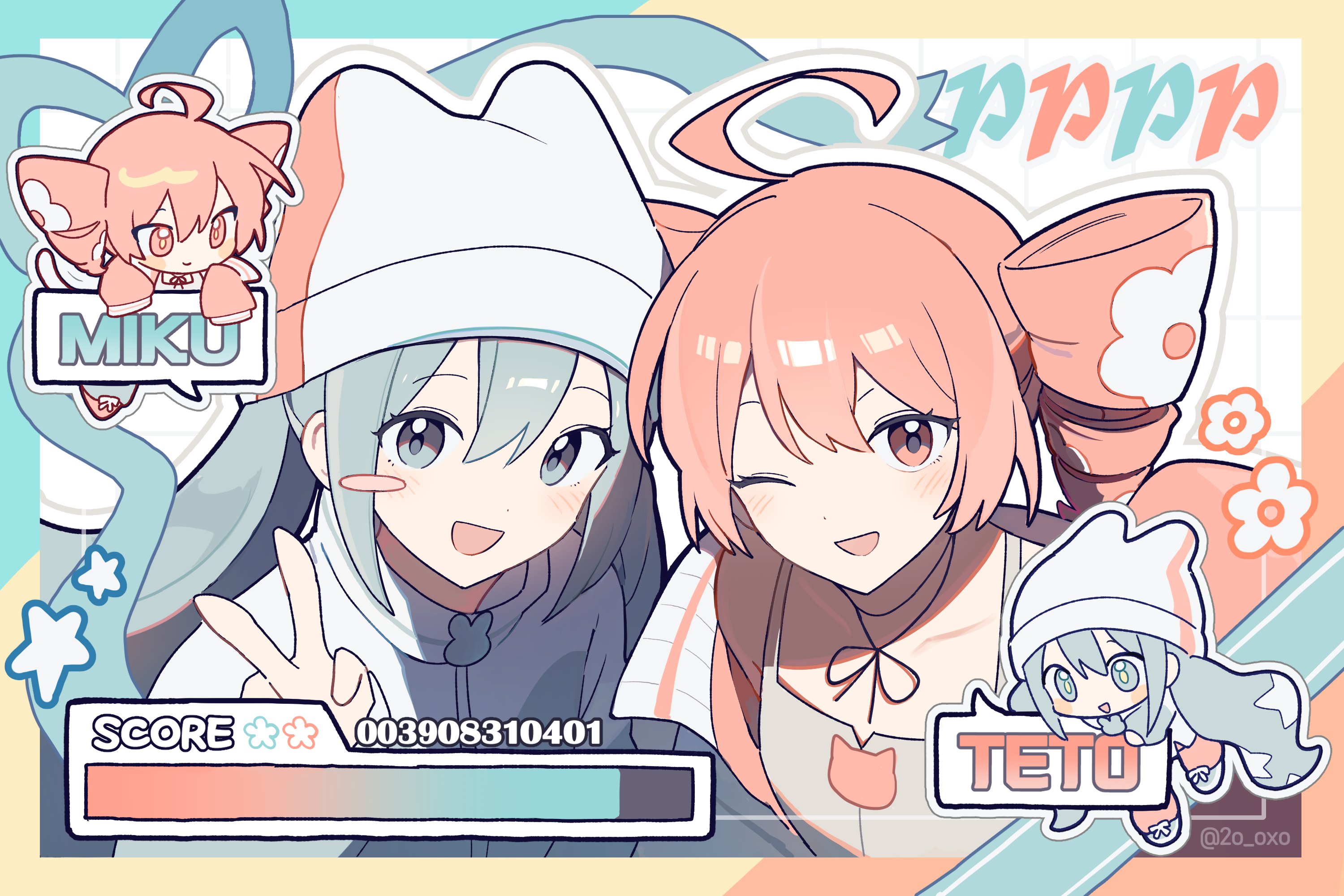 hatsune miku, kasane teto, utau, vocaloid, hashtag-only commentary, highres, 2girls, 2o oxo, :d, ;d, ahoge, blue hair, blush, character name, chibi, closed mouth, drill hair, grey shirt, grid background, hand up, jacket, long hair, looking at viewer, multiple girls, one eye closed, open mouth, outline, pppp (vocaloid), red hair, shirt, short hair, sleeveless, sleeveless shirt, smile, song name, twin drills, twitter username, upper body, v, white background, white jacket, white outline