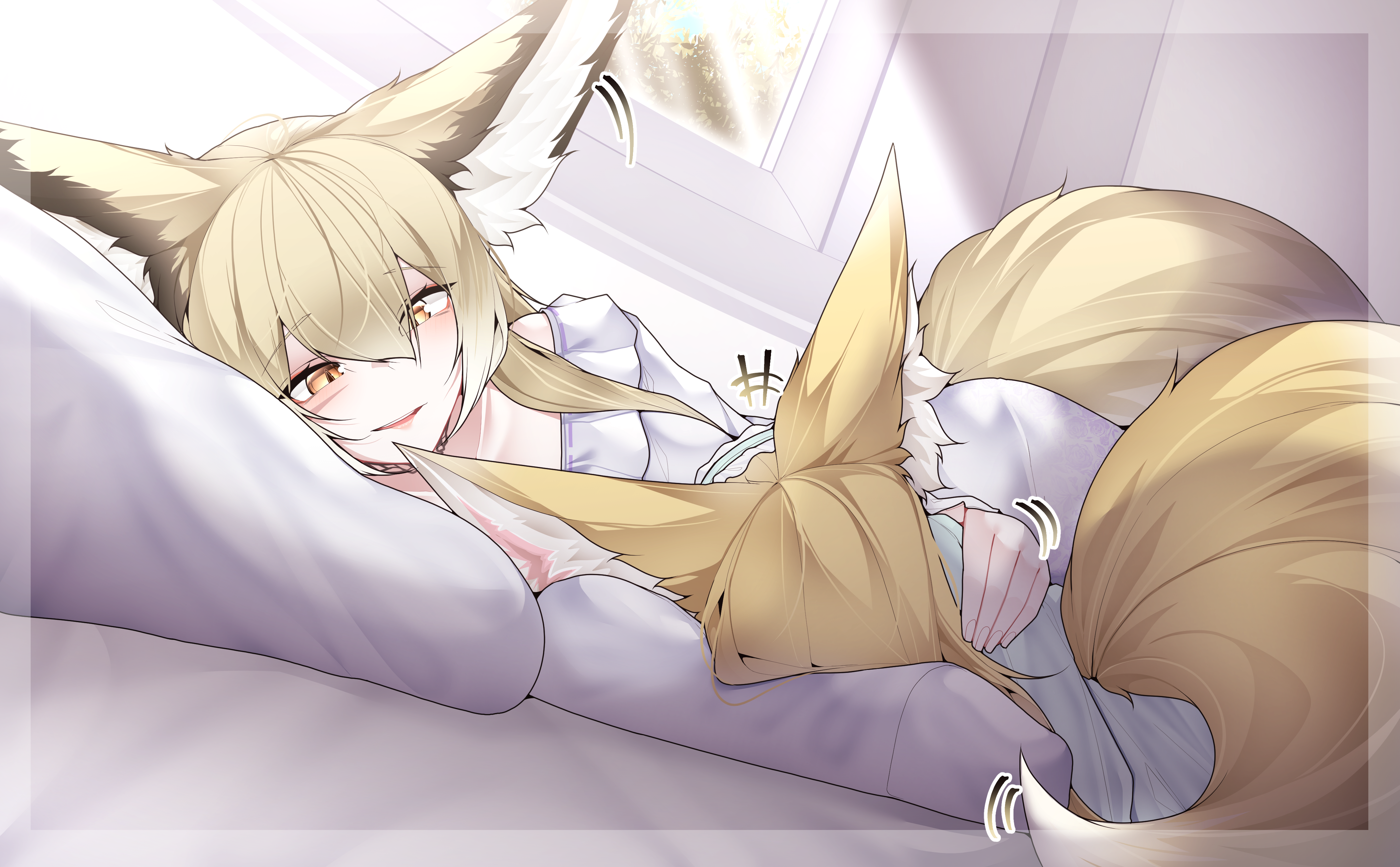 samip, suzuran (arknights), vulpisfoglia (arknights), arknights, absurdres, commentary, highres, 2girls, animal ears, blonde hair, closed mouth, dated commentary, fox ears, fox girl, fox tail, kitsune, kyuubi, long hair, lying, mother and daughter, multiple girls, multiple tails, on side, tail