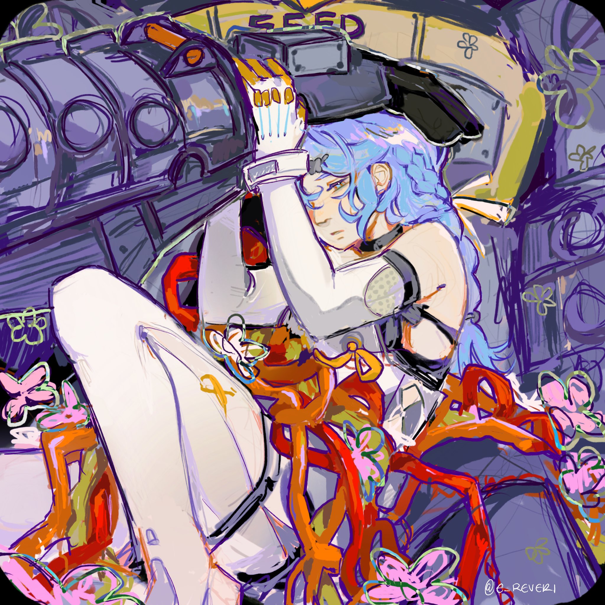 seed (zenless zone zero), zenless zone zero, highres, 1girl, aqua eyes, bare shoulders, blue eyes, blue hair, braid, breasts, elbow gloves, feet, gloves, green eyes, hair ornament, long hair, mole, mole on shoulder, solo, toeless legwear, toes, white gloves