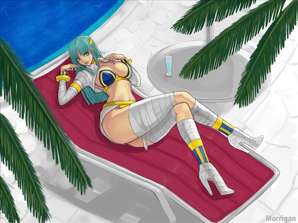 anakaris, morrigan aensland, capcom, darkstalkers, alternate costume, anakaris (cosplay), aqua hair, bandages, boots, bra, cosplay, crossed legs, deck chair, folding chair, high heels, lingerie, long hair, midnight bliss, palm tree, pool, tree, underwear