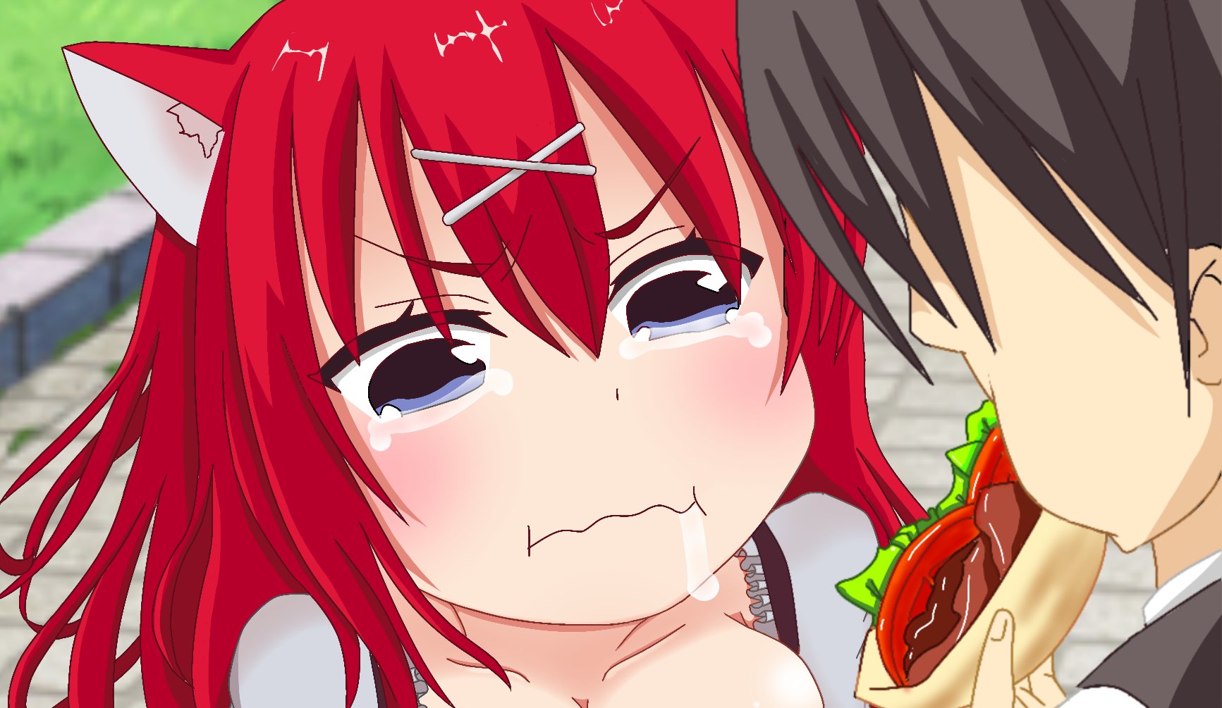 user gvej3378, masaki gaillard, amairo islenauts, kono subarashii sekai ni shukufuku wo!, commentary request, highres, 1boy, 1girl, :i, animal ears, black hair, blue eyes, blush, closed mouth, collarbone, drooling, eating, eyes visible through hair, food, hair between eyes, hair ornament, holding, holding food, holding sandwich, hungry, looking at food, medium hair, mouth drool, parody, red hair, sandwich, screenshot background, shirt, short hair, solo focus, style parody, tearing up, v-shaped eyebrows, wavy mouth, white shirt, wolf ears, wolf girl, x hair ornament