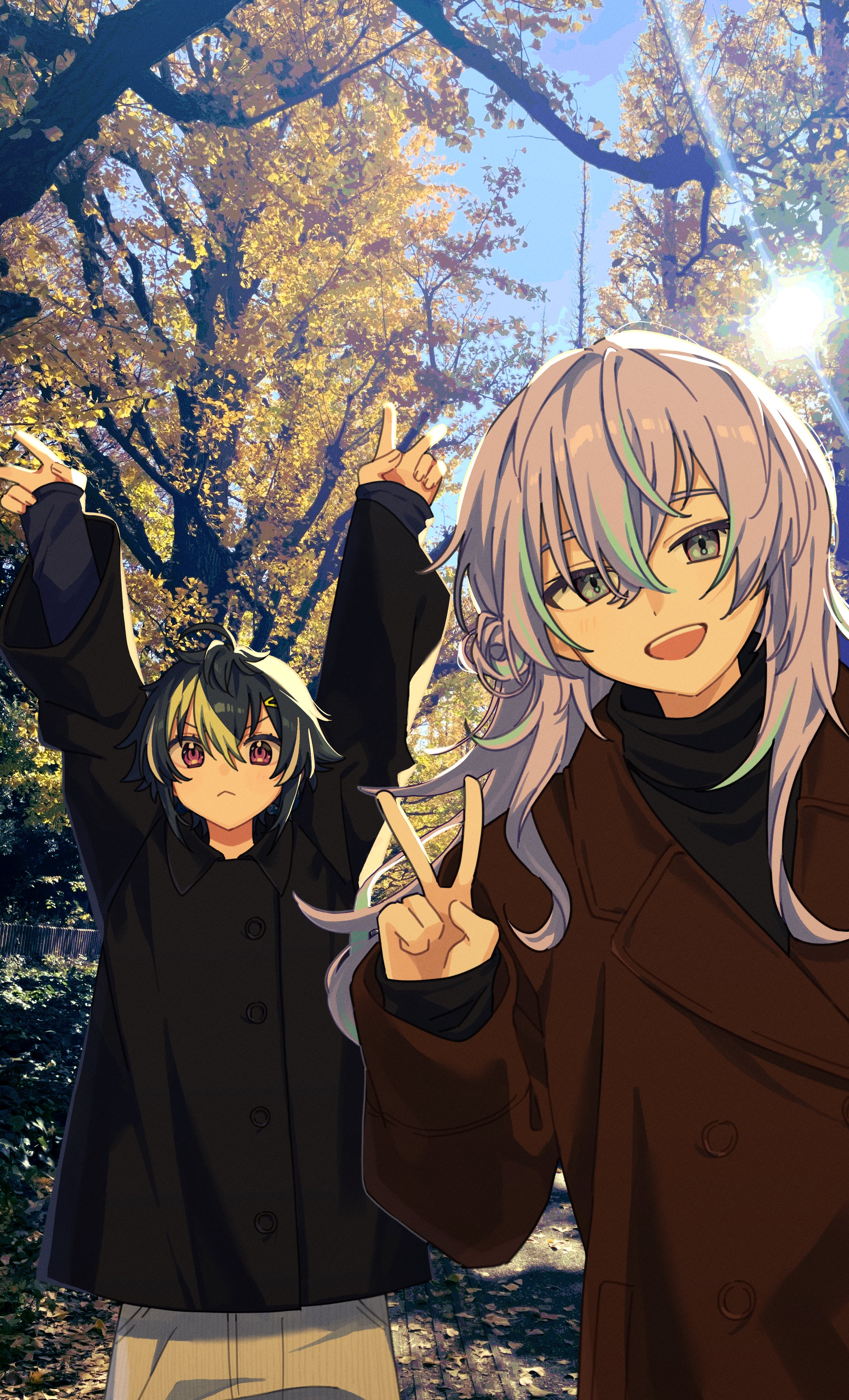kota. (mao 222), hoshirube sho, inami rai, nijisanji, absurdres, highres, 2boys, :<, alternate costume, arms up, black hair, black shirt, blue eyes, coat, day, double v, hair between eyes, long hair, long sleeves, looking at viewer, male focus, multicolored hair, multiple boys, outdoors, photo background, purple eyes, purple hair, red coat, shirt, short hair, smile, streaked hair, tree, trench coat, two-tone hair, v, virtual youtuber