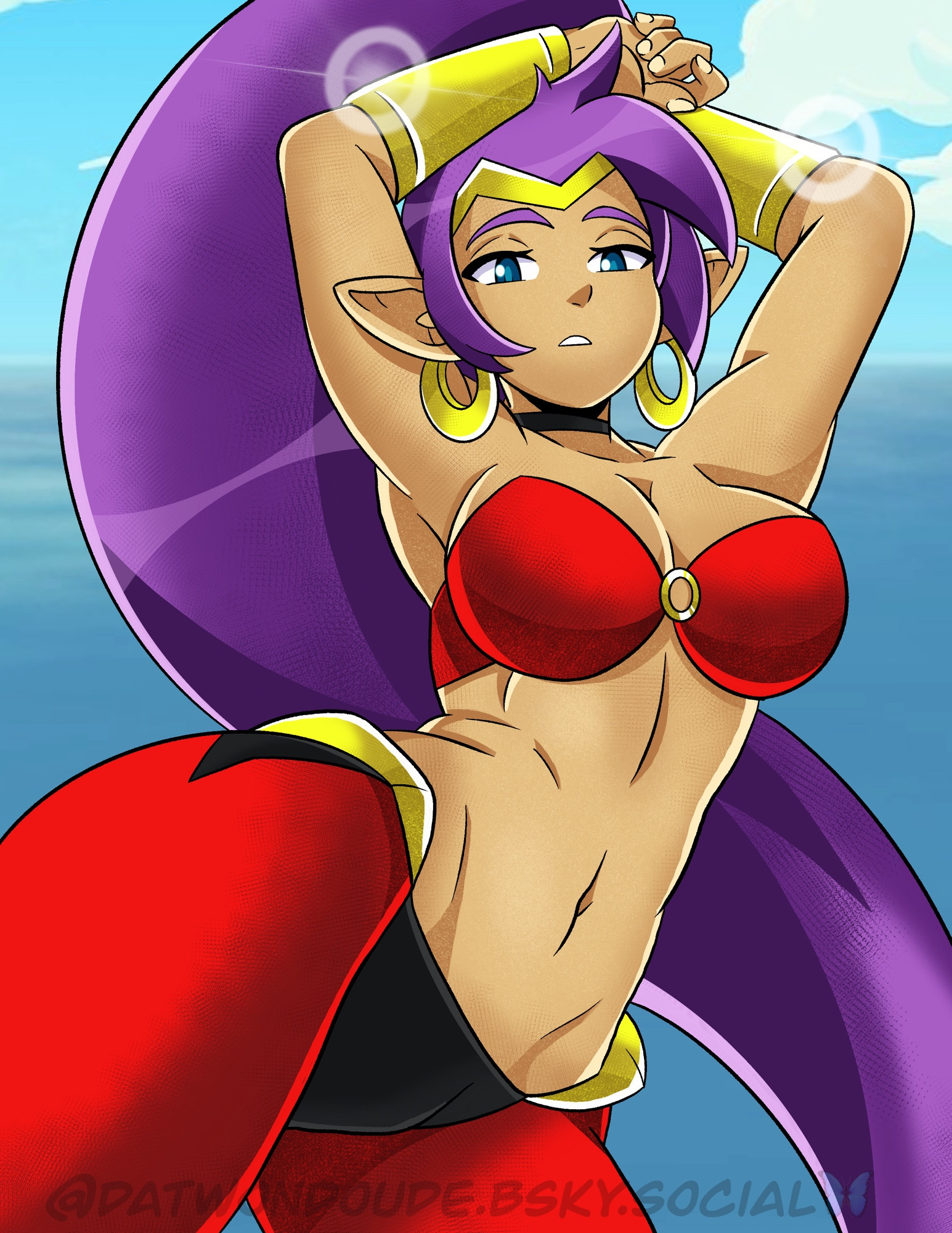datwondoude, shantae, shantae (series), 1girl, bra, bracelet, dark-skinned female, dark skin, earrings, jewelry, long hair, looking at viewer, pants, pointy ears, purple hair, teeth, underwear, very long hair