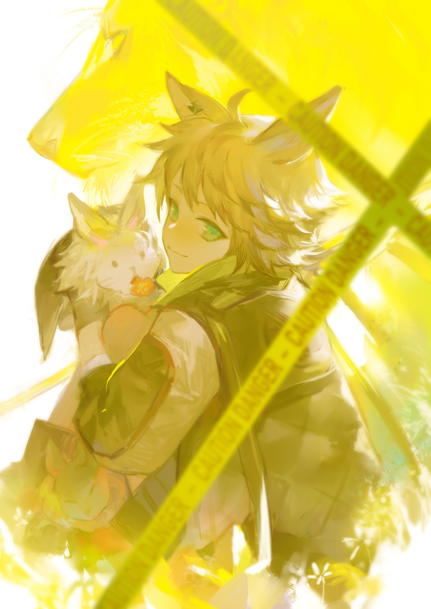 shuaigegentou, leonhardt (arknights), arknights, highres, 1boy, animal, animal ears, blonde hair, caution tape, green eyes, holding, holding animal, holding rabbit, looking at viewer, looking back, male focus, rabbit, rabbit boy, rabbit ears, short hair, smile, yellow theme