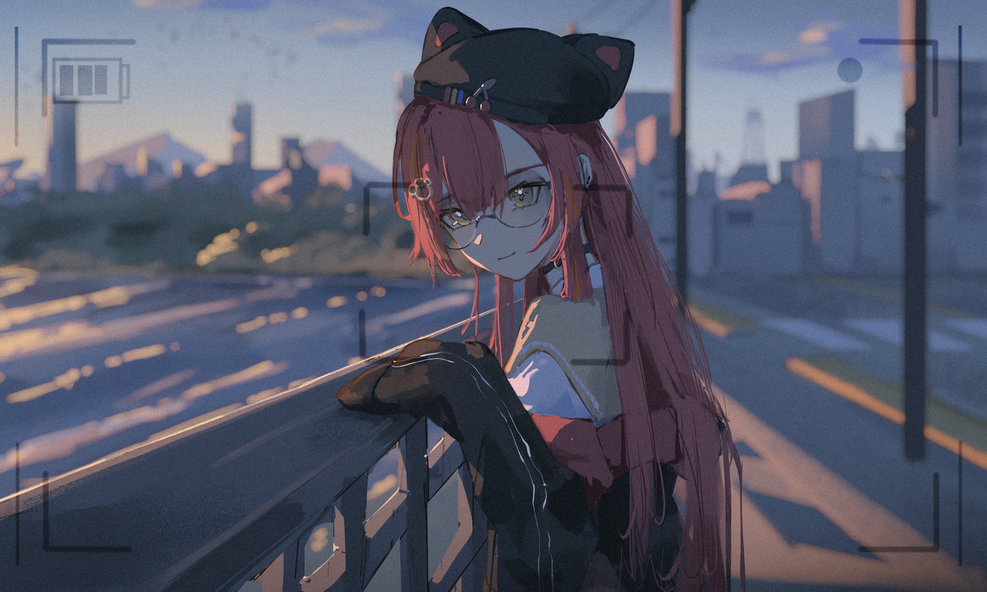 eien 001, nekota tsuna, nekota tsuna (4th costume), vspo!, absurdres, highres, 1girl, beret, black hat, black jacket, blurry, depth of field, dusk, glasses, hat, jacket, light smile, long hair, looking at viewer, multicolored hair, official alternate costume, outdoors, red hair, sailor collar, school uniform, sleeves past fingers, sleeves past wrists, solo, streaked hair, upper body, viewfinder, virtual youtuber, yellow eyes, yellow sailor collar