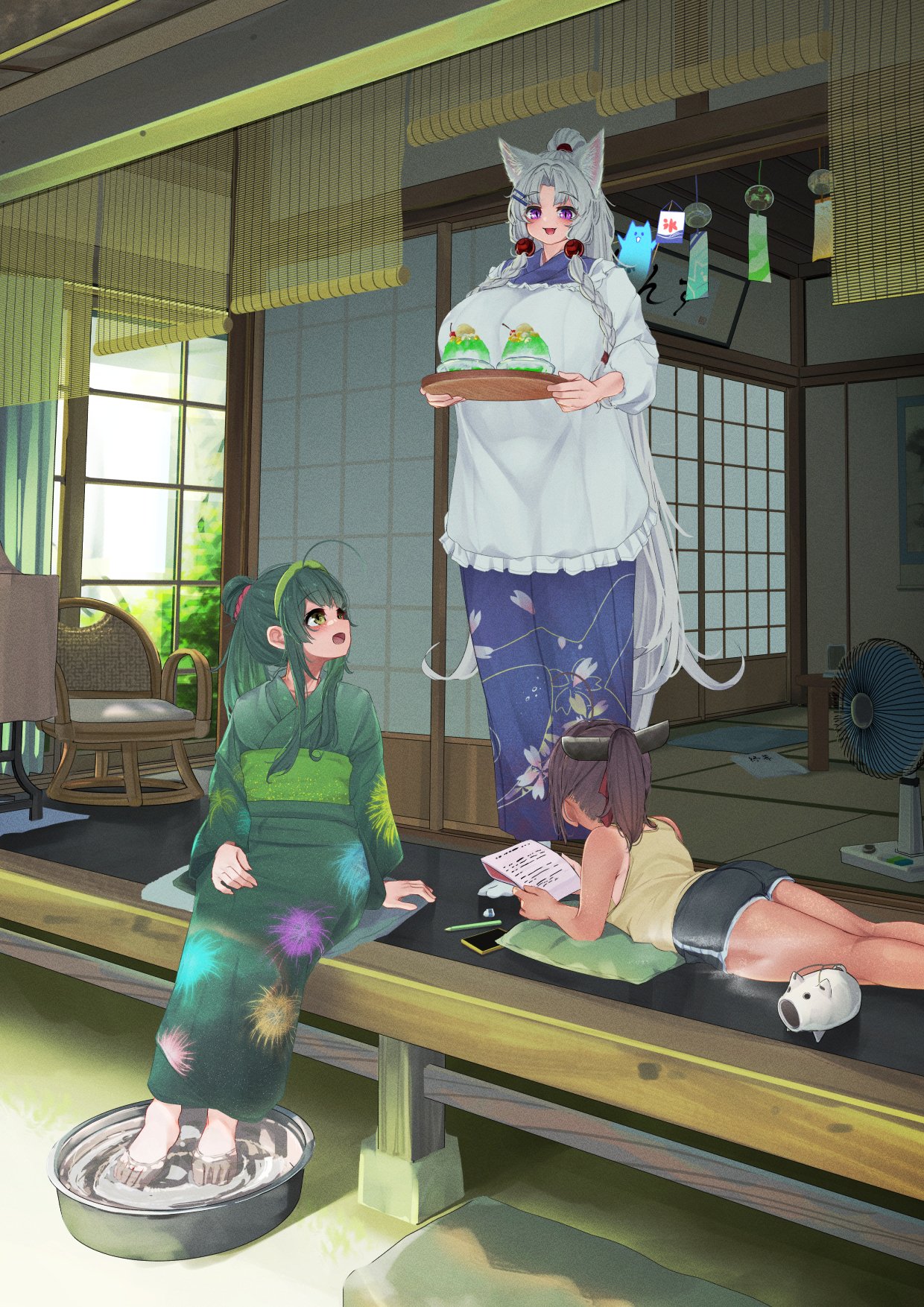 ne an ito, nhk (voiceroid), touhoku itako, touhoku kiritan, touhoku zunko, voiceroid, relaxing, commentary request, highres, 3girls, animal ears, apron, architecture, ass, barefoot, basin, black shorts, breasts, brown hair, day, dolphin shorts, east asian architecture, electric fan, food, fox ears, fox girl, green eyes, green hair, green kimono, high ponytail, holding, holding notebook, holding tray, house, huge breasts, japanese clothes, kappougi, kayari buta, kimono, long hair, looking at another, looking back, lying, medium hair, multiple girls, notebook, on stomach, open mouth, outdoors, ponytail, purple eyes, shaved ice, short shorts, shorts, shouji, siblings, sisters, sitting, sliding doors, smile, soaking feet, standing, summer, tan, tank top, tray, veranda, very long hair, white apron, white hair, wide shot, wind chime, yellow tank top