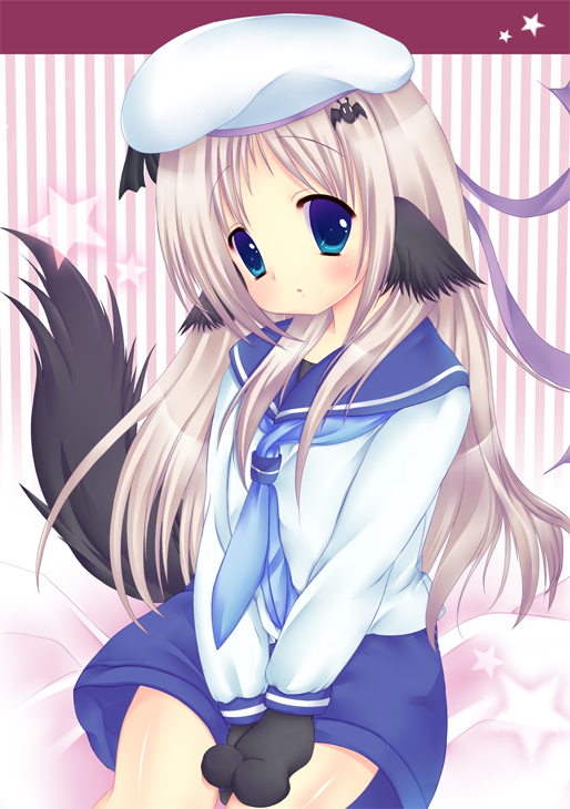 ai saki ni, noumi kudryavka, little busters!, silver hair, bad id, bad pixiv id, animal ears, beret, blonde hair, blue eyes, blush, dog ears, dog tail, hair ornament, hair ribbon, hairclip, hat, long hair, mittens, necktie, ribbon, school uniform, serafuku, skirt, solo, tail