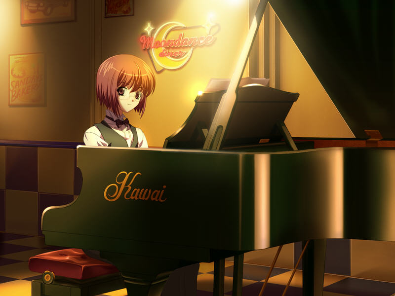 kurosaki, norita, mizushima hitomi, getsuyoutei nite, yaruki dragoonlord, yarukibako, game cg, 1girl, bar (place), bench, bob cut, bow, bowtie, brown eyes, brown hair, checkered floor, crossdressing, crossdressing (ftm), english text, female focus, floor, formal clothes, glasses, grand piano, high collar, indoors, instrument, light smile, looking at viewer, music, musical note, pants, perspective, piano, piano bench, playing instrument, rimless eyewear, romaji text, sheet music, shirt, sitting, smile, solo, tile floor, tile wall, tiles, traditional bowtie, vest