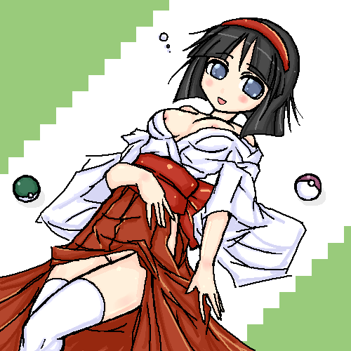 erika (pokemon), nintendo, pokemon, pokemon rgby, lowres, 1990s (style), 1girl, black hair, blue eyes, blush, breasts, female focus, gym leader, hairband, hakama, hakama skirt, headband, japanese clothes, medium breasts, miko, nipple slip, nipples, no panties, oekaki, poke ball, pussy, red hakama, retro artstyle, short hair, skirt, solo, thighhighs, uncensored, white thighhighs