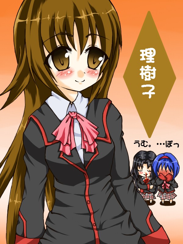 bajiru, kurugaya yuiko, naoe riki, nishizono mio, little busters!, bad id, bad pixiv id, gender request, 3girls, black hair, blue hair, blush, bow, brown eyes, brown hair, genderswap, long hair, multiple girls, pink bow, plaid clothes, plaid skirt, school uniform, short hair, skirt