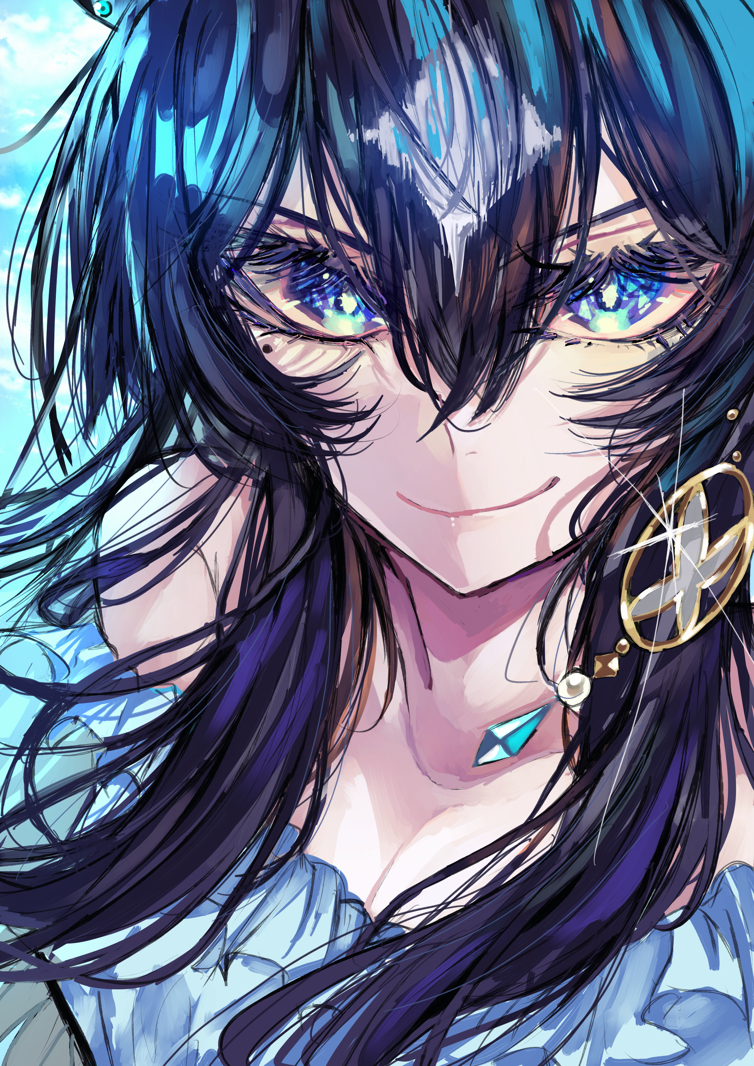 period ky88, verxina (umamusume), umamusume, absurdres, highres, 1girl, animal ears, blue background, blue eyes, blue hair, bow, ear bow, ear covers, ear ornament, ear ribbon, earrings, ears through headwear, heart-shaped ornament, horse ears, horse girl, horse tail, jewelry, mole, mole under eye, single ear cover, single earring, smile, solo, tail