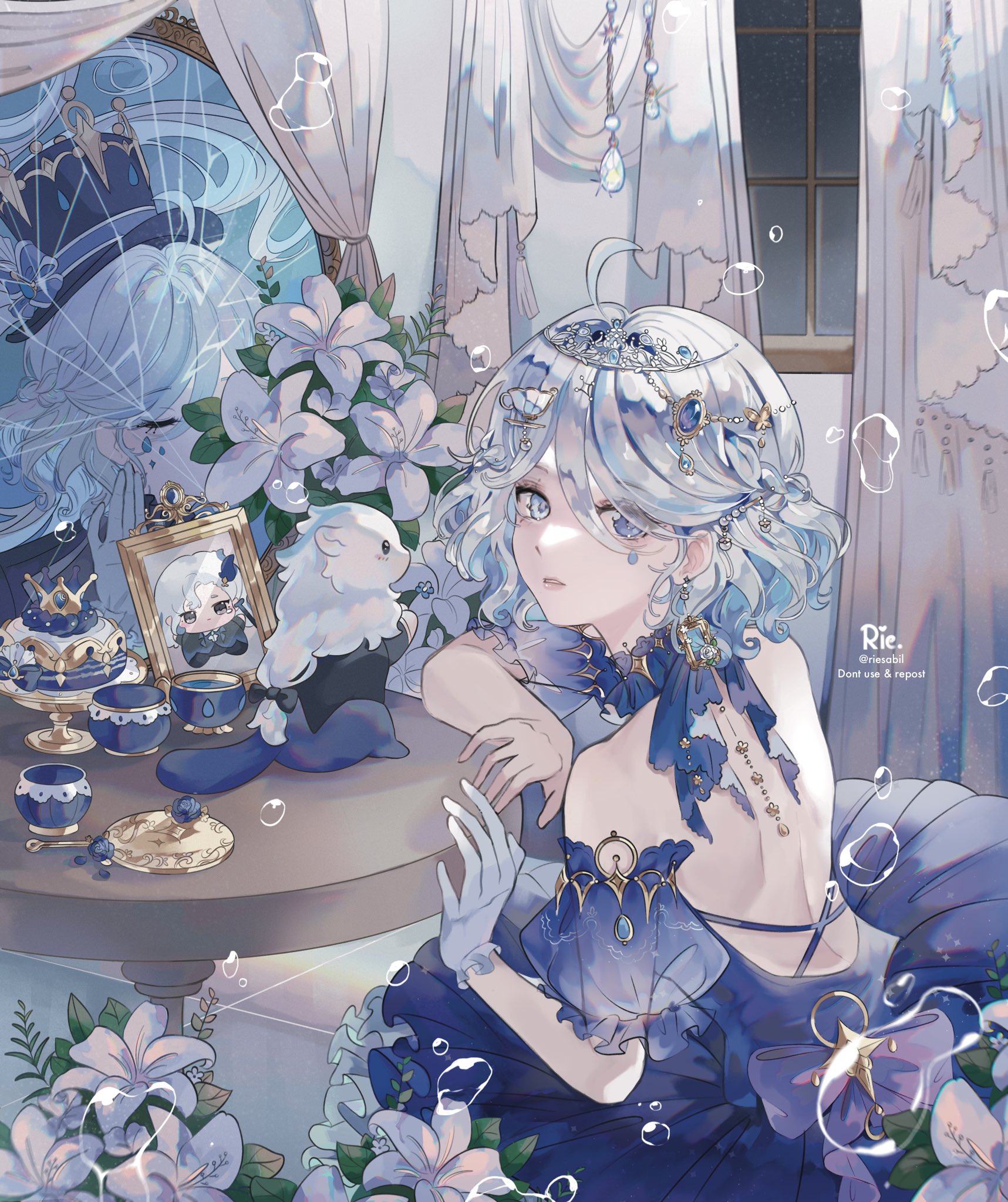 rie.sabilsd, furina (genshin impact), leisurely otter (genshin impact), neuvillette (genshin impact), genshin impact, highres, 1boy, 1girl, ahoge, air bubble, alternate costume, backless dress, backless outfit, blue dress, blue eyes, blue gemstone, blue hair, blue hat, broken mirror, bubble, closed eyes, cup, curtains, detached collar, different reflection, dress, dual persona, facial mark, flower, gem, gloves, hair between eyes, hair ornament, hat, heterochromia, looking at viewer, looking back, mirror, multicolored hair, picture frame, reflection, short hair, single glove, table, teacup, tiara, top hat, white flower, white gloves, white hair