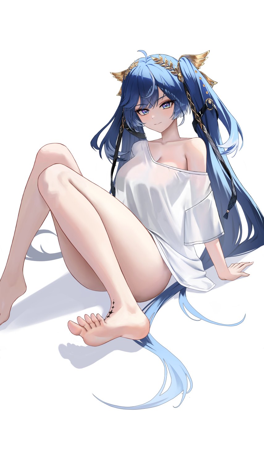 yuridango, iuno (wuthering waves), wuthering waves, commentary, highres, 1girl, ahoge, arm support, bare legs, barefoot, blue eyes, blue hair, bottomless, breasts, cleavage, closed mouth, collarbone, commentary typo, convenient leg, feet, hair belt, large breasts, laurel crown, legs, long hair, looking at viewer, multicolored hair, naked shirt, see-through silhouette, shirt, single off shoulder, sitting, smile, solo, streaked hair, tacet mark (wuthering waves), toes, twintails, very long hair, white shirt