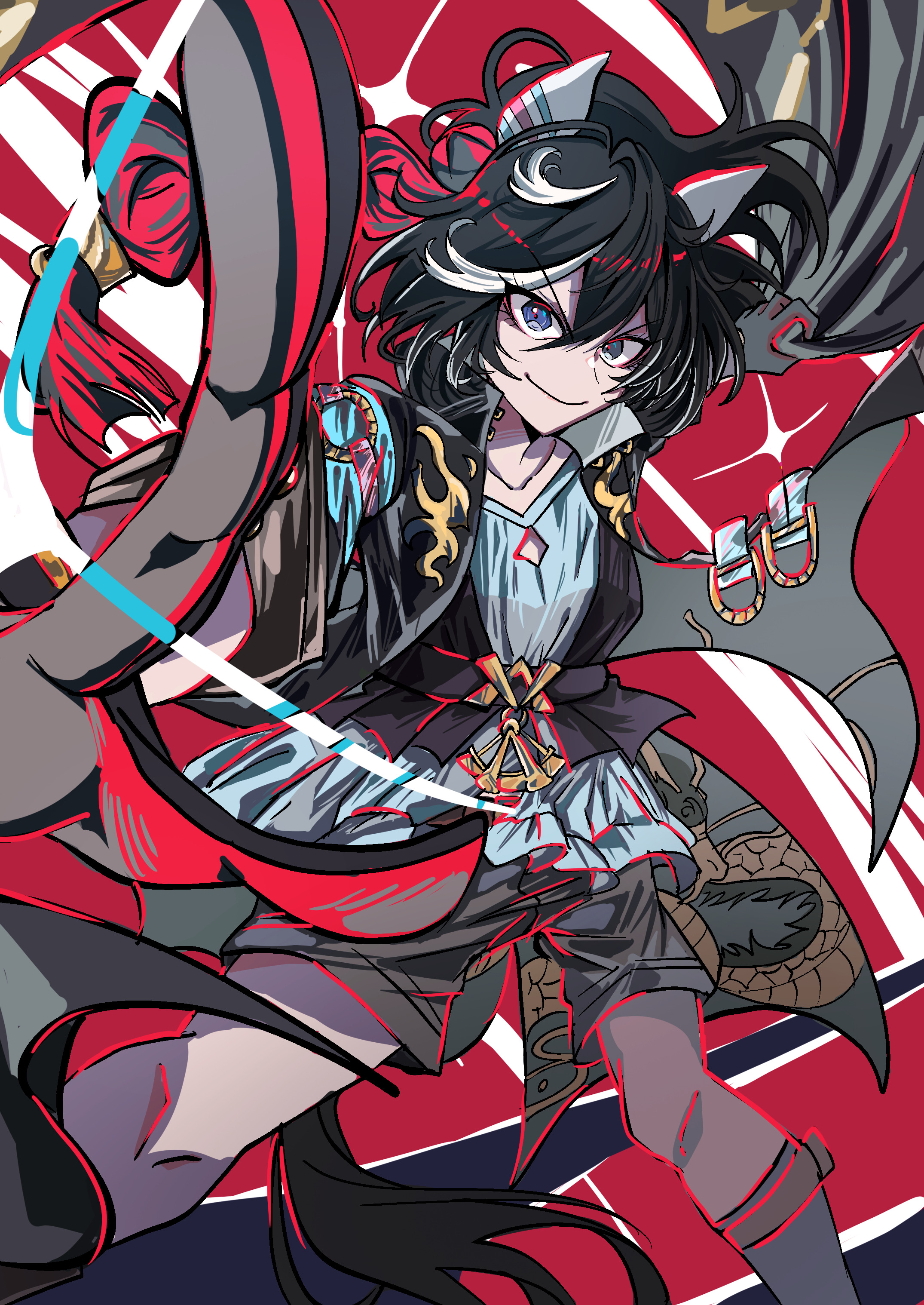 period ky88, katsuragi ace (dragon rising to the top) (umamusume), katsuragi ace (umamusume), umamusume, absurdres, highres, 1girl, animal ears, black hair, clothing cutout, ear covers, ear ornament, epaulettes, green wrist cuffs, hair ornament, horse ears, horse girl, horse tail, ponytail, single epaulette, striped clothes, striped wrist cuffs, tail, tail through clothes, tassel, tassel hair ornament, wrist cuffs