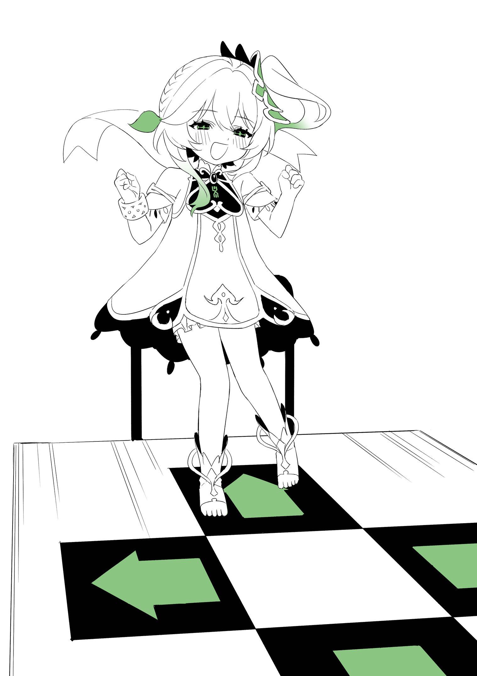 blanchat, nahida (genshin impact), bemani, dance dance revolution, genshin impact, commentary, highres, symbol-only commentary, unfinished, 1girl, armlet, blush, bracelet, clenched hands, dancing, dress, floating hair, full body, gradient hair, green hair, green pupils, half-closed eyes, hands up, jewelry, looking at viewer, multicolored hair, open mouth, side ponytail, simple background, sleeveless, sleeveless dress, smile, solo, spot color