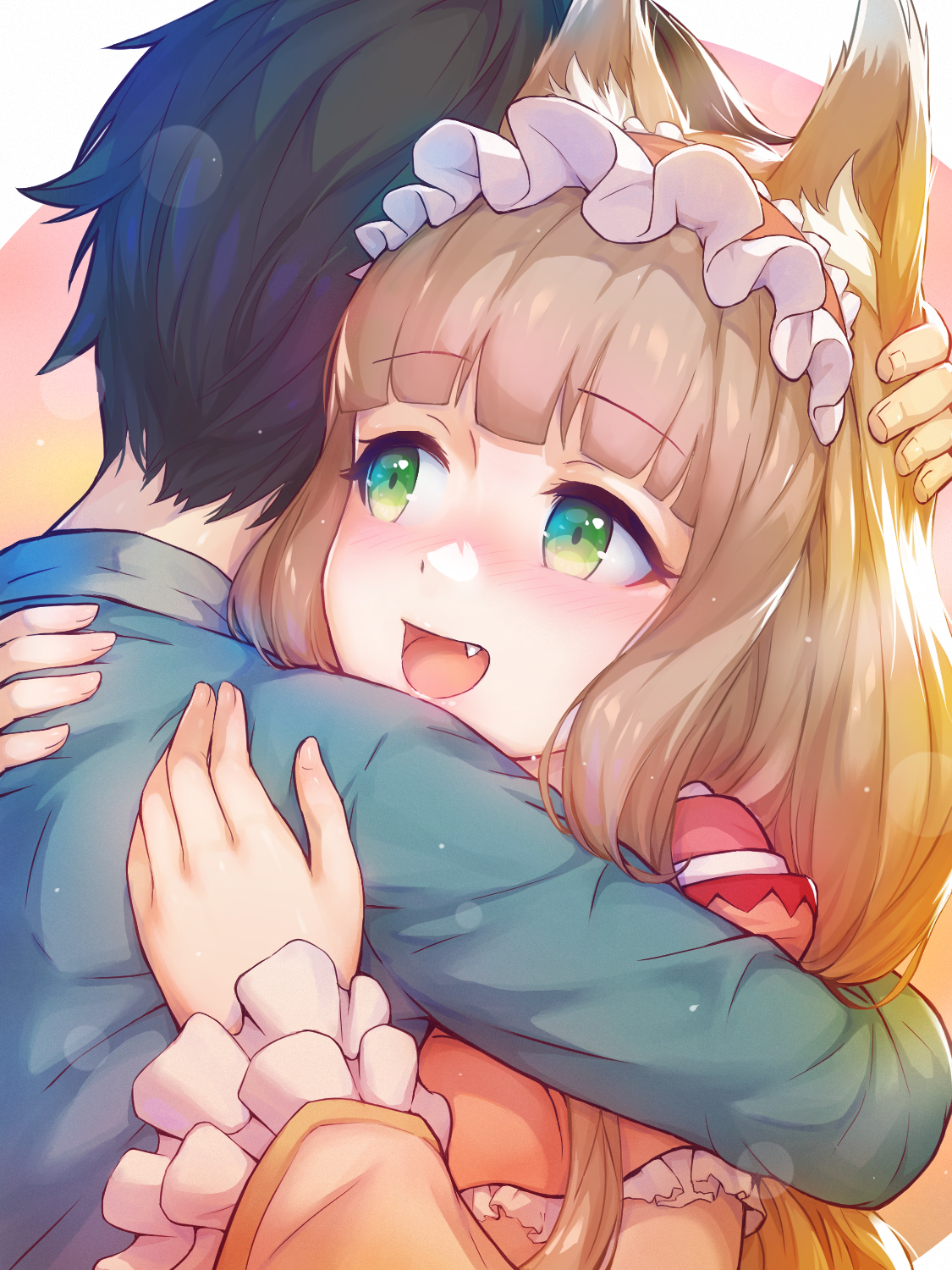 coba (coba xp), maho (princess connect!), yuuki (princess connect!), princess connect!, highres, 1boy, 1girl, animal ear fluff, animal ears, black hair, blunt bangs, blush, fang, fox ears, fox girl, frilled hairband, frilled sleeves, frills, green eyes, hairband, hetero, hug, open mouth, sidelocks