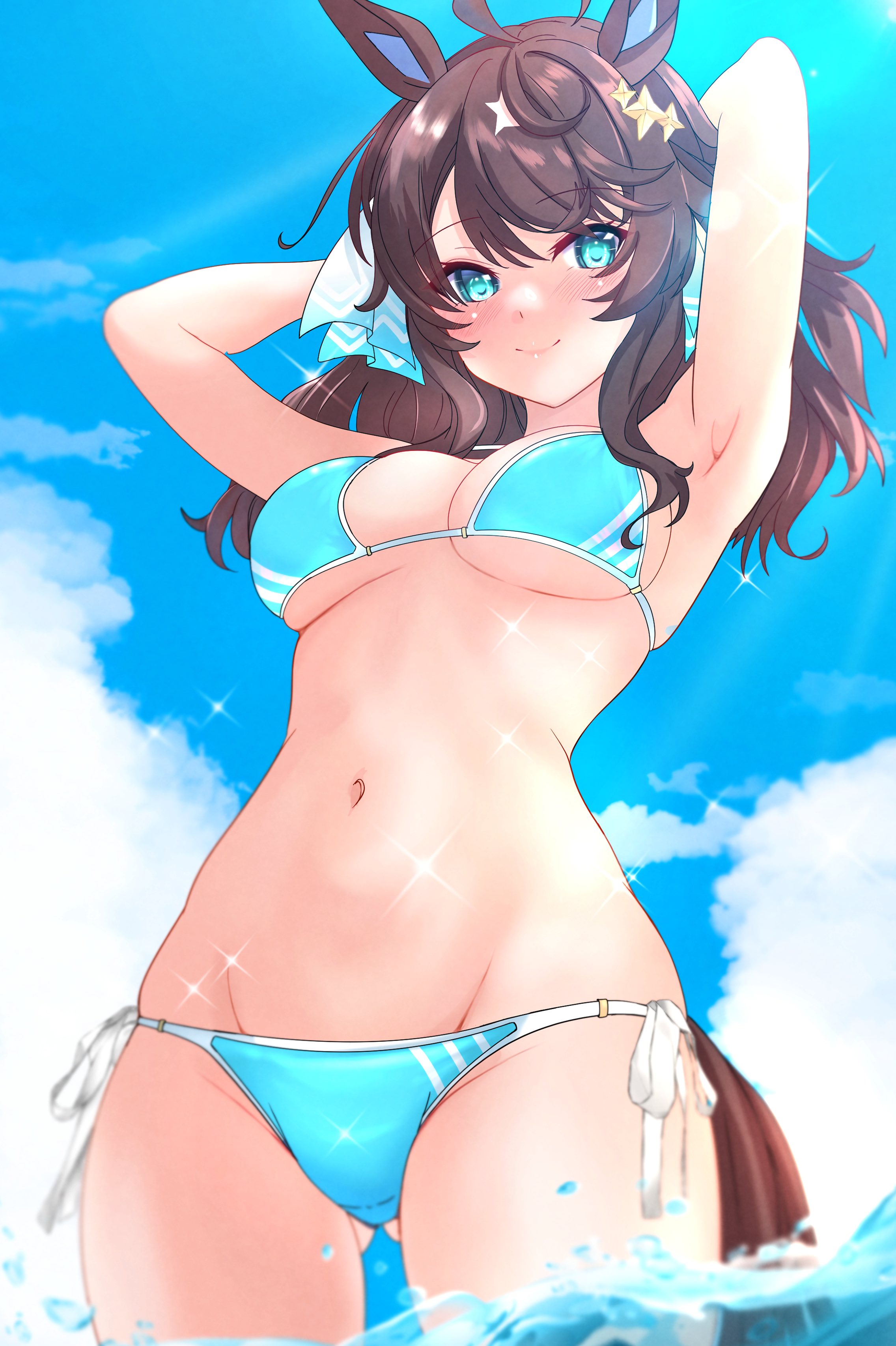 nitamako (sakamalh), daring tact (umamusume), umamusume, absurdres, commentary request, highres, 1girl, ahoge, alternate costume, animal ears, armpits, bikini, black hair, blue eyes, blush, breasts, groin, hair between eyes, hair ornament, horse girl, horse tail, long hair, looking at viewer, medium breasts, navel, ocean, smile, solo, star (symbol), star hair ornament, swimsuit, tail