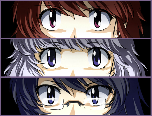 ikari manatsu, akashi kaoru, nogami aoi, sannomiya shiho, atlus, persona, persona 3, zettai karen children, 3girls, column lineup, cut-in, female focus, glasses, lineup, multiple girls, parody, persona eyes