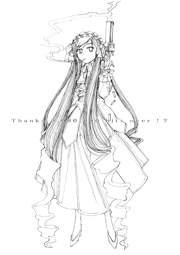 morisoban, aria (sister princess), sister princess, 00s, cigarette, greyscale, gun, handgun, monochrome, pistol, revolver, smoking, solo, weapon