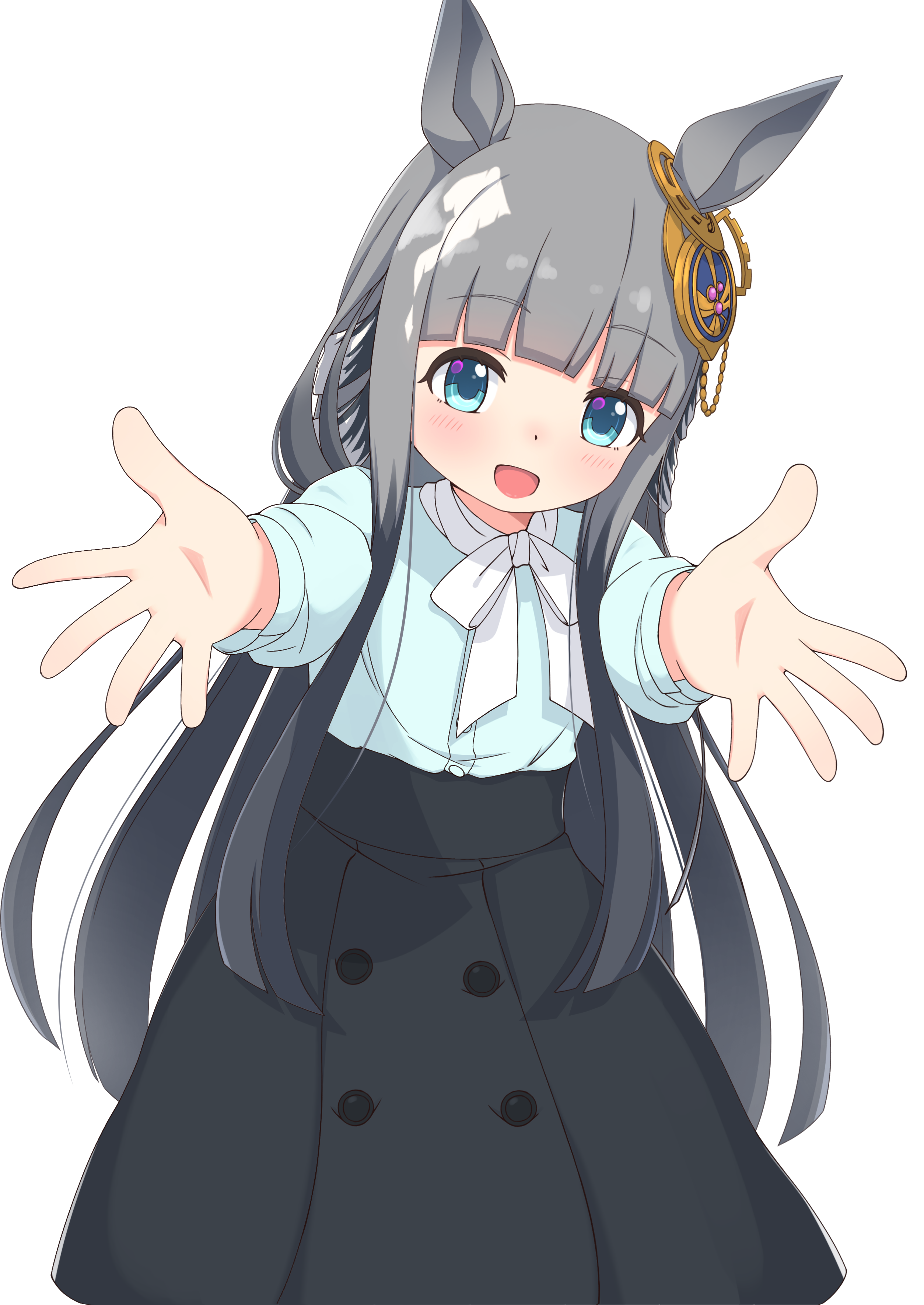 kokamori, chrono genesis (casual) (umamusume), chrono genesis (umamusume), umamusume, absurdres, commentary request, highres, 1girl, animal ears, blush, breasts, buttons, casual, grey hair, hair between eyes, hair ornament, horse girl, looking at viewer, reaching, reaching towards viewer, simple background, small breasts, solo, white background