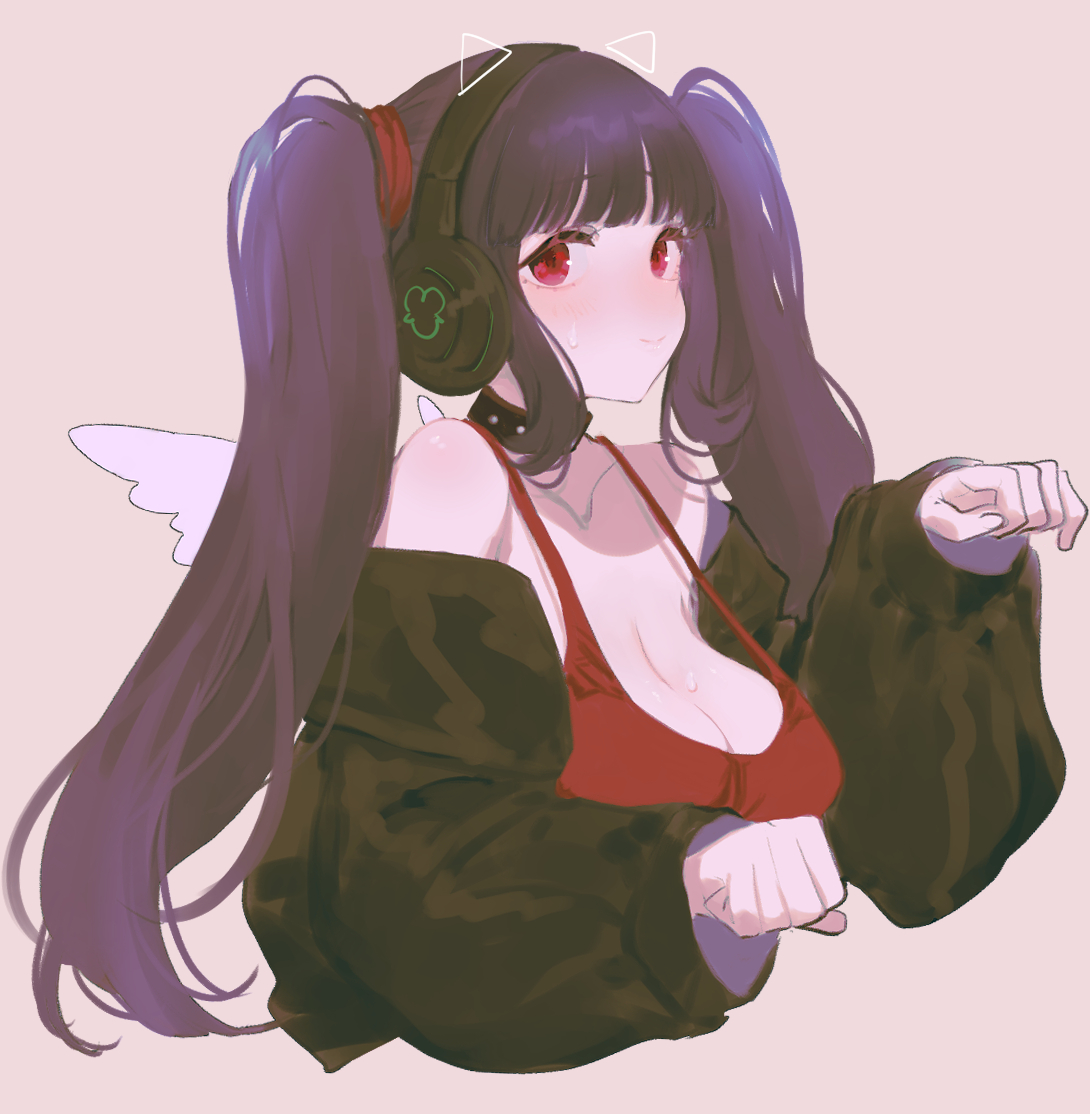 eurasia (wtp09ptw14), original, commentary request, 1girl, bare shoulders, black choker, black jacket, blunt bangs, breasts, choker, cleavage, closed mouth, collarbone, cropped torso, grey background, headphones, jacket, jacket partially removed, large breasts, long hair, long sleeves, looking at viewer, paw pose, purple hair, red eyes, red tank top, simple background, smile, solo, sweat, tank top, twintails, white wings, wings