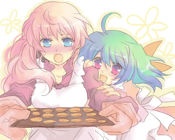amano, ranka lee, sheryl nome, macross, macross frontier, 00s, 2girls, :d, :o, apron, baking sheet, blonde hair, blue eyes, blush, breasts, cookie, cooking, dress, fang, food, green hair, large breasts, long hair, multiple girls, open mouth, oven mitts, red eyes, short hair, smile