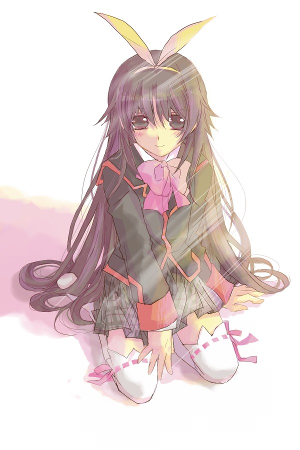 amano, naoe riki, little busters!, 1boy, blush, bow, brown eyes, brown hair, crossdressing, crossdressing (mtf), hair ribbon, kneeling, long hair, male focus, pink bow, plaid clothes, plaid skirt, ribbon, school uniform, sitting, skirt, smile, solo, thighhighs, trap
