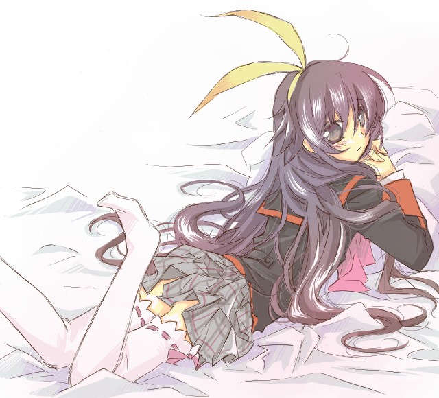 amano, naoe riki, little busters!, 1boy, black hair, blush, bow, brown eyes, brown hair, crossdressing, crossdressing (mtf), hair ribbon, long hair, lying, male focus, pillow, plaid clothes, plaid skirt, ribbon, school uniform, skirt, solo, thighhighs, trap, white thighhighs