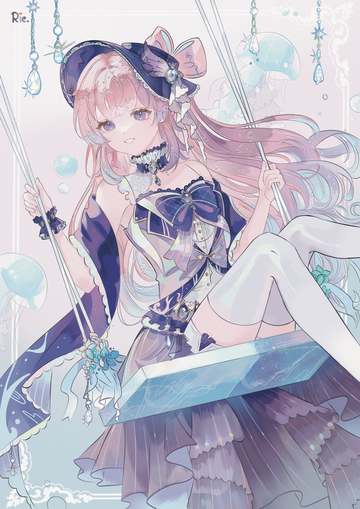rie.sabilsd, sangonomiya kokomi, genshin impact, highres, 1girl, alternate costume, bare shoulders, blue gemstone, bonnet, bow, bubble, detached collar, dress, frilled cuffs, frilled hat, frills, gem, gradient hair, hat, jellyfish, long hair, multicolored hair, on swing, pink hair, purple eyes, shorts, smile, solo, swing, thighhighs, white shorts, white thighhighs